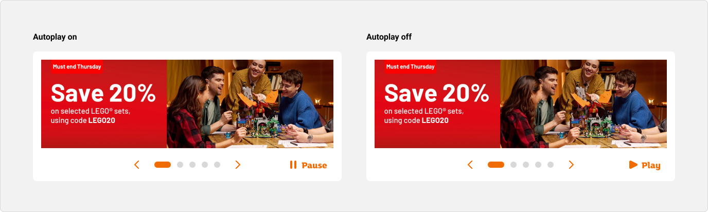 Two examples of a banner carousel with autoplay enabled, to show that the label of the play and pause button says 'Pause' when autoplay is on, and 'Play' when autoplay is off.