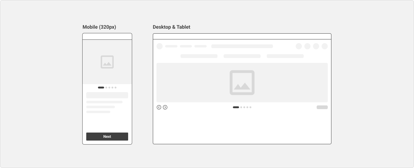 Two examples of a banner carousel on mobile and desktop, with custom controls that are styled and positioned differently from the default controls on the page.