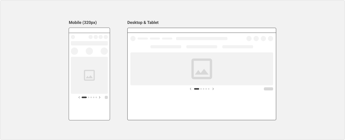 Two examples of a banner carousel on mobile and desktop, with default controls that appear at the left and right side of the pagination.