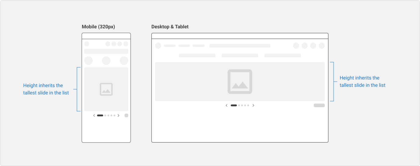 Two examples of a banner carousel on mobile and desktop to show that the height of all the slides inherits the height of the tallest slide.