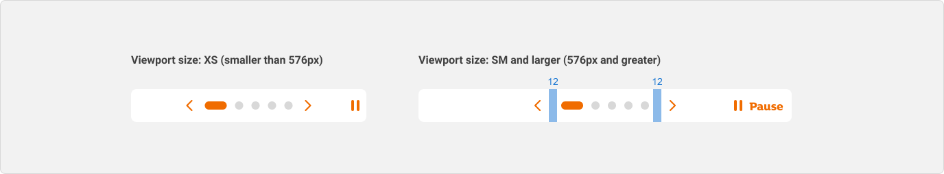 Two examples of the pagination and controls of the banner carousel on mobile and desktop to show the differences in spacing between the elements.