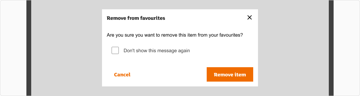 A modal with a title that reads 'Remove from favourites' sits on a dark transparent veil