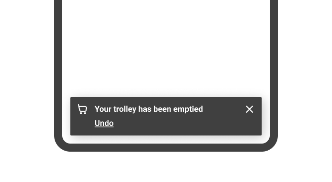 A system toast message reading 'Your trolley has been emptied' with an action that reads 'Undo'