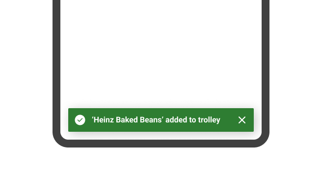 A success toast message reading ''Heinz Baked Beans' added to your trolley'