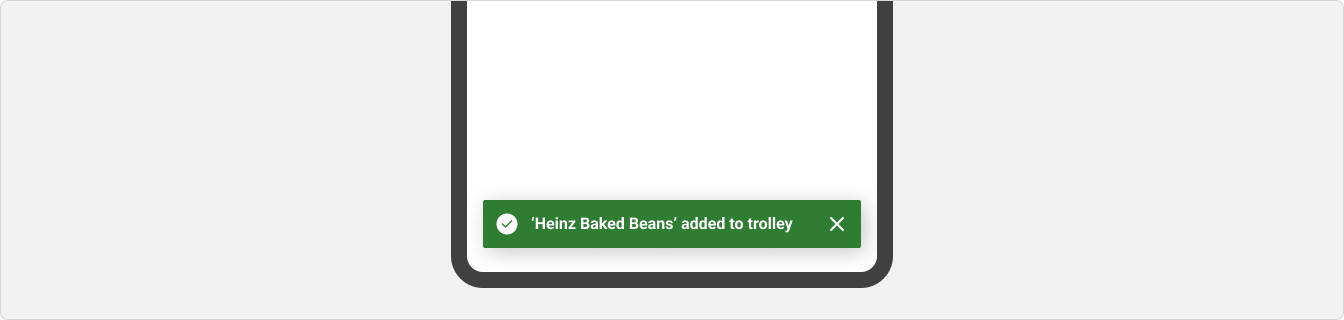 A toast message at the bottom of a screen reading 'Heinz Baked Beans added to trolley'