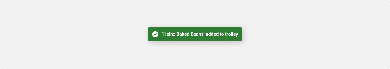 A success toast message that reads ''Heinz Baked Beans' added to trolley'